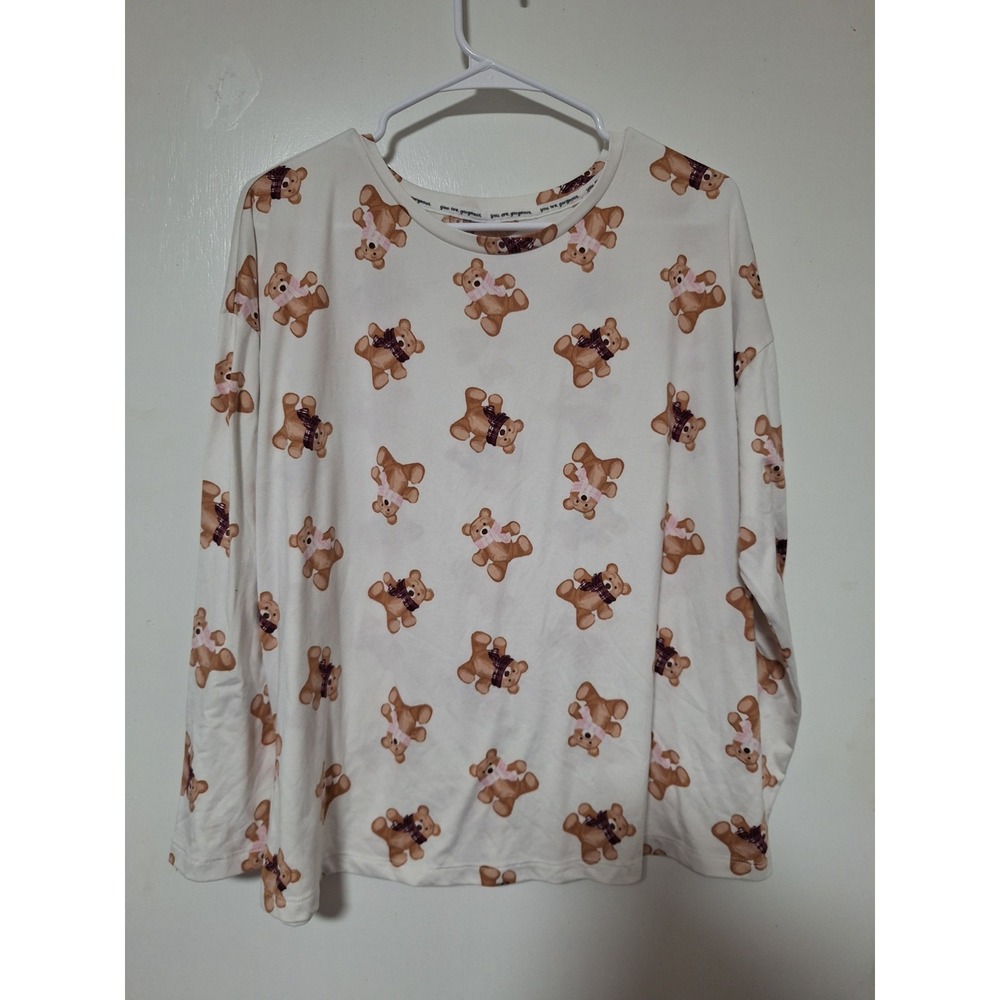 Joyspun Women Large L 12-14 Pajama Top‎ Long Sleeve White Teddy Bear Print Soft